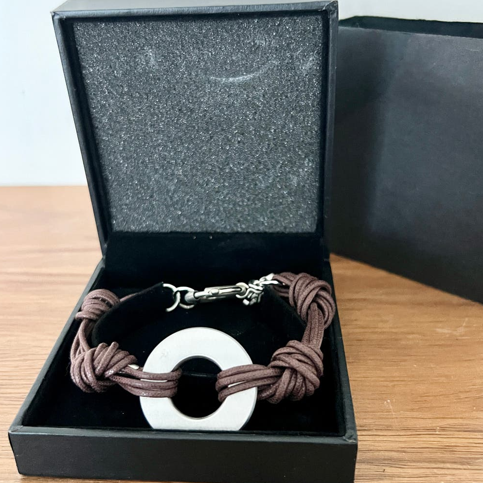 Nwt Hugo Boss Waxed Cotton Bracelet Matte Brown Silver Tone Womens 64$